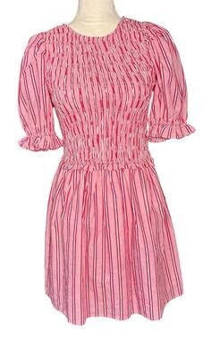 bohme Liana Bow Tie Mini Dress Size XS Red Striped Smocked Puff Sleeves NEW